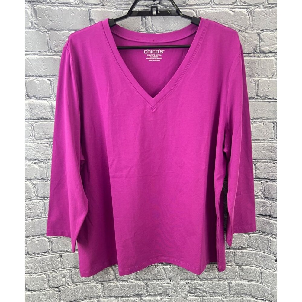 Chico's Perfect 3/4 Sleeve Tee Top V-neck size 4 XXL African Violet